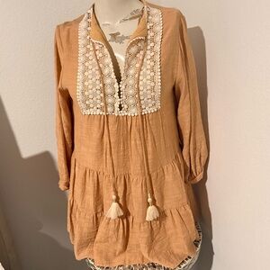 Zara size Small Boho Tan Dress with Lace Detail